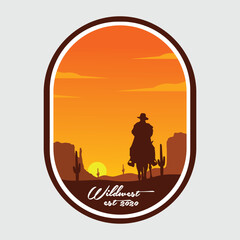 Cowboy Horse Wild West Silhouette Sun Set Badge Icon