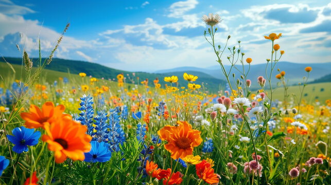 A serene meadow filled with wildflowers in full bloom, a riot of colors against the backdrop of rolling hills.