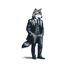 Fototapeta na wymiar The wolf wear a victorian suit. Black white vector illustration.