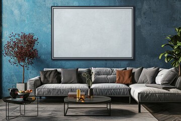 Creative composition of living room interior with mock up poster frame, grey sofa, black coffee table, blue wall, stylish furniture, decorations and personal accessories.