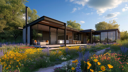 Fototapeta na wymiar A sleek home with an exterior terrace surrounded by colorful wildflowers, creating a natural oasis that enhances the modern living experience in harmony with nature.