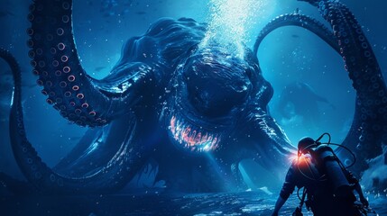 In the ocean's depths, a diver confronts the legendary kraken, a gargantuan sea creature with swirling tentacles, capturing a moment of awe and primal fear.
