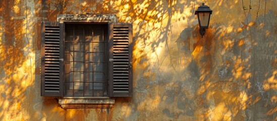 A wooden window with shutters next to a lamp on the side of a building, creating a cozy atmosphere. The facade enhances the landscape, blending art with nature.