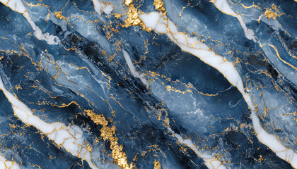 Blue marble pattern with grey and gold inclusions. Abstract texture and background.