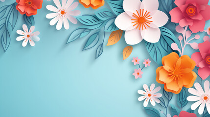 hello spring paper cut floral frame on blue background - obrazy, fototapety, plakaty