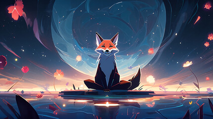 Space lotus zen Fox practices yoga on a vibrant lotus cosmic dust swirling around in deep space