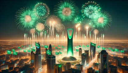Illustration of a fireworks over a cityscape for saudi arabia flag day celebration.