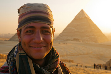 Smiling man in traditional headscarf with pyramids at sunrise. Travel and culture.