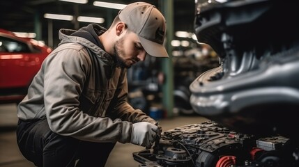 With focused precision, the auto repair master expertly conducts car engine repairs in the foreground of the auto service, exemplifying proficiency in automotive care.