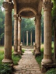 Fototapeta premium Walkway with ancient roman columns at forest from Generative AI