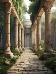 Obraz premium Walkway with ancient roman columns at forest from Generative AI