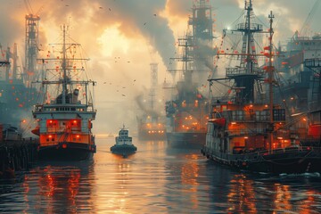 A group of boats are parked in the harbor as the sky turns into a beautiful sunset, reflecting off the calm water - obrazy, fototapety, plakaty