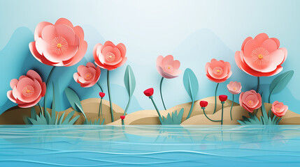 illustration of paper art flowers and water droplets on blue background
