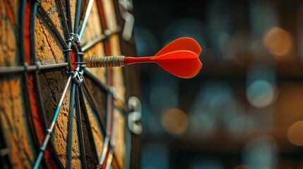 Target and goal as concept.Close up shot of the dart arrow hit on bulleyes of dartboard to represent that the business reached the target of company with dark tone picture style.  - obrazy, fototapety, plakaty