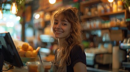 Young female barista standing behind the bar in cafe smiling,Cheerful young waitress wearing apron laughing looking at camera, happy businesswoman small business owner of girl entrepreneur cafe