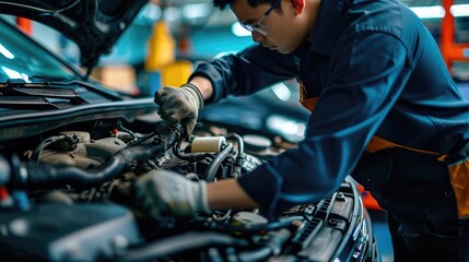 Obraz premium With meticulous attention to detail, the auto repair master expertly tends to a car engine at the forefront of the auto service, demonstrating unwavering dedication to automotive maintenance.