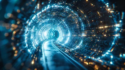 Zelfklevend Fotobehang Speed and technology merge in a futuristic tunnel, where the blur of motion paints the night with trails of light, guiding the journey forward © MdIqbal