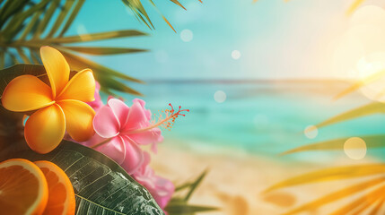 Tropical flowers and the beach landscape summer background