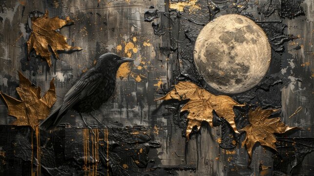 Raven's Twilight Vigil by Autumn Moon.A raven perches solemnly among autumn leaves, a full moon casting its glow