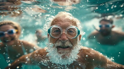 Smiling old man in a swimming pool wearing swim cap and goggles on his head. Portrait of a satisfied senior man after swimming in the pool.