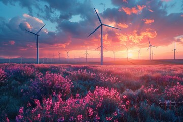 A natural landscape with a field of flowers, wind turbines in the background, and a colorful sunset sky. The wind farm adds to the serene atmosphere of the environment