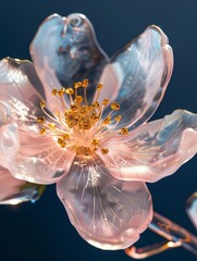 close-up of a glass sakura flower with translucent petals edged in gold, each shimmering speck and detailed texture catches light, exuding a luxurious and sophisticated aura
