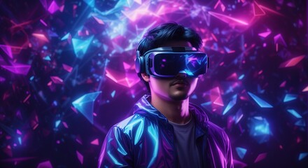 Naklejka na ściany i meble Asian man wearing a virtual reality headset in mystical world, glowing neon hologram background