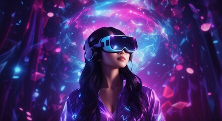 Asian woman wearing a virtual reality headset in mystical world, glowing neon hologram background