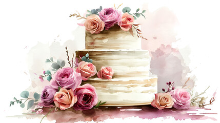Large tiered wedding cake with rose flowers decoration on stand on a White background, Big and sweet wedding cake on a pink background. Generative Ai 