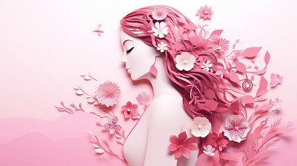 paper cut spring flowers and woman pink background