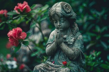 a statue of a praying angel surrounded by flowers