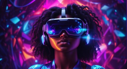 Black woman wearing a virtual reality headset in mystical world, glowing neon hologram background