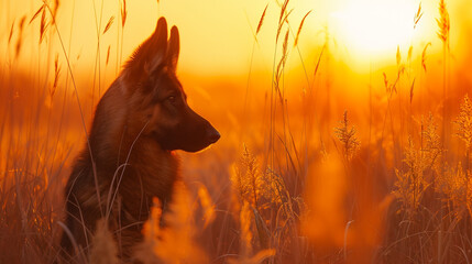 A stunning portrait of a young German Shepherd crossbreed, silhouetted against the vibrant hues of a sunset, its fur illuminated by the golden light as it stands majestically in tall grass. - obrazy, fototapety, plakaty