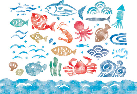 魚介類版画水彩グランジ風アイコン