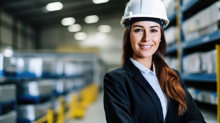 A woman, dressed in functional work attire and a protective helmet, stands resolutely at the forefront of the warehouse, embodying dedication and professionalism.