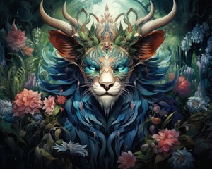An intricate and mystique filled illustration of a mythical creature in a mythical setting