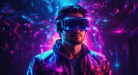 Obraz na płótnie Canvas Western man wearing a virtual reality headset in mystical world, glowing neon hologram background