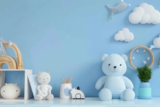 Mockup wall in the children's room on wall blue colors background.3d rendering © Esha