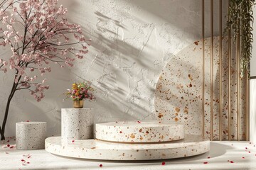 Natural beauty podium backdrop for product display with Terrazzo texture. 3d rendering.