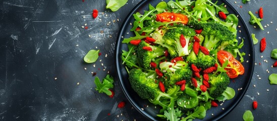 A dish featuring a salad made with broccoli, tomatoes, and goji berries, served on a black plate on...