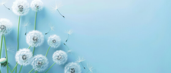 Soft dandelions with floating seeds on a light blue backdrop.