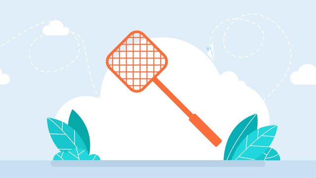 Flyswatter. Fly swatter insect killer destroy plastic tool with a handle. Fly swatter flat icon. Pest exterminator flapper flying bug swat aggressive. Isolated on a white background. 2d flat animation