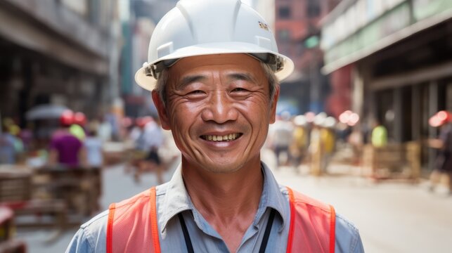 A powerful image capturing the resilience and dedication of an Asian worker, standing proudly in front of a construction background.