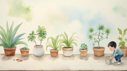 Obraz premium A young gardener whose plants grow into shapes of animals creating a living menagerie in their backyard watercolor tone pastel 3D Animator