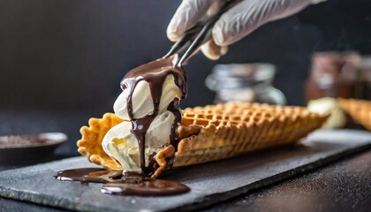 ice cream croffle with dark chocolate toping close up