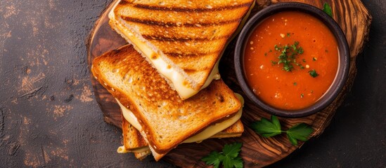 A classic combination of grilled cheese sandwiches and a bowl of tomato soup displayed on a rustic wooden cutting board.