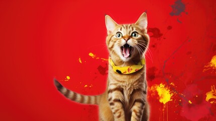 The cat jumps with a surprised muzzle and wide-open eyes on a red background. Funny cat.