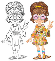 Two girls posing with peace signs, colorful attire.