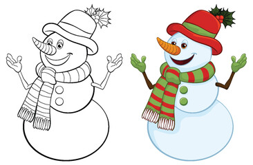 Two snowmen with festive hats and scarves.