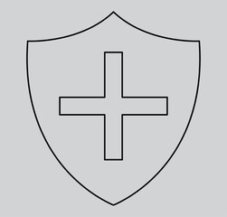 Vector shield icon. Security vector icon. Protection icon. Shield vector icon. Safety system. Healthcare. Health insurance. Medical shield. Shield with a cross. Virus. Virus protection. Guard badge.